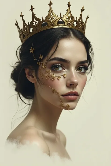 I wanna sketch like women wearing a crown and one side of her face turning crown in to a mask and wanna crown and mask blend together only one side of face wanna mask and other side wanna be normal