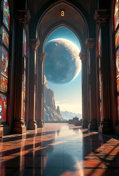 "In a grand, diagonally angled view of the cathedral’s hallway window gives a direct view of a metal-encased planet, windows on the/ massive Gothic-mechanical  side walls showcase a cosmic panorama, with planets, stars, and interstellar dust drifting in de...