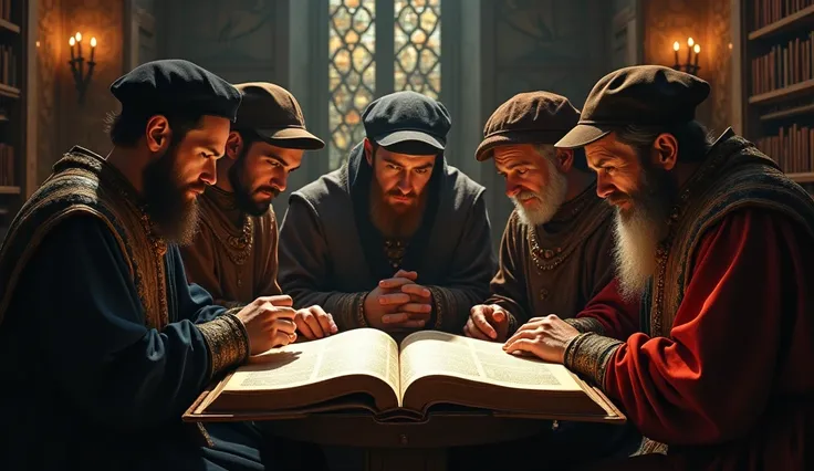 Create a highly detailed, cinematic  realistic 16K several ren studying the Bible
