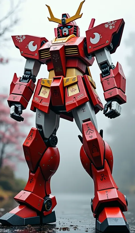 A tall, robust robot inspired by samurai legends and Shinto spirits. It has an armored frame in red and white, reflecting Japan’s flag colors, with hints of cherry blossom petals etched across its chest. Its helmet resembles a kabuto (samurai helmet) adorn...