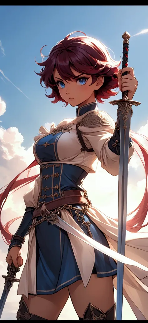 Beautiful anime woman. She’s toned and slim. She demeanor expressionless. Her hair color was blue and red faded in. her eyes are light blue, often with a manic glow. She wears blue red loosely fitted ornate combat dress with a long sleeved top .She wields ...