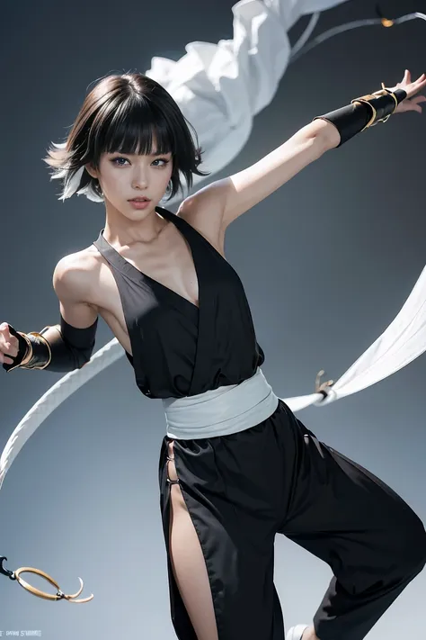 ((blackい着物)) ((blackい袴)) (( fighting style)),((martial arts))((High Kick,Flying kick))((Wind effects))(( tornado effects ))(( Fighting Style))(( Fighting))(masterpiece), (simple plain background)( Best Quality ), ( Beautiful eyes and face ), (  perfect fem...