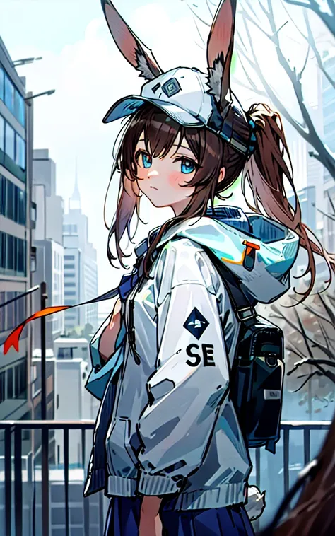 1girl, animal ears, rabbit ears, straight-on, upper body, looking at viewer, brown hair, ponytail,  expressionless, badge, bangs, blue baseball cap, detailed eyes, clothes writing, white clothes, hood, hood down, standing, long sleeves, closed mouth, (blue...