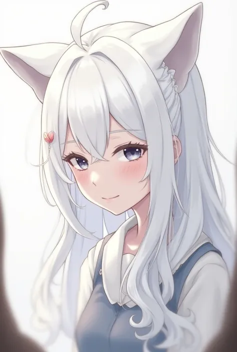 1girl, Solo, Detail, High Quality, Accurate, Long Hair, White Hair, Breasts, Cat Ears, Earrings, Closed Mouth, From Side, Feet Out Of Frame, Simple background, Hair Clip, Blurry, Anime Style, Anime, Cross-Eyed, 