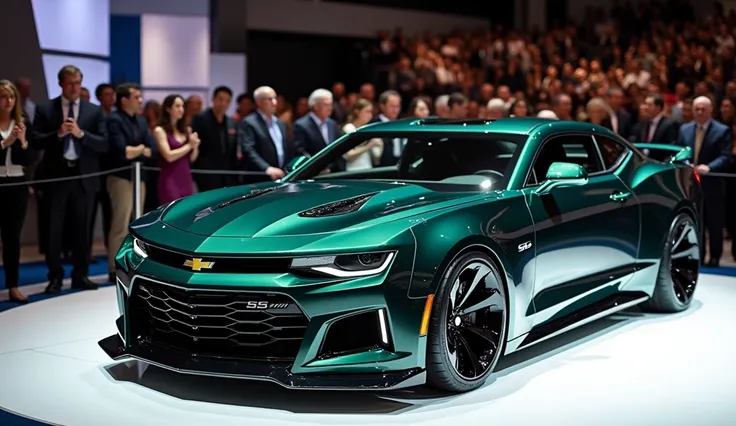 "A sleek, modern Chevrolet Chevelle SS concept car displayed in a well-lit car show environment with an admiring crowd. The car has a dark metallic green finish with a glossy surface, reflecting the overhead lights. It features aggressive styling with a sh...