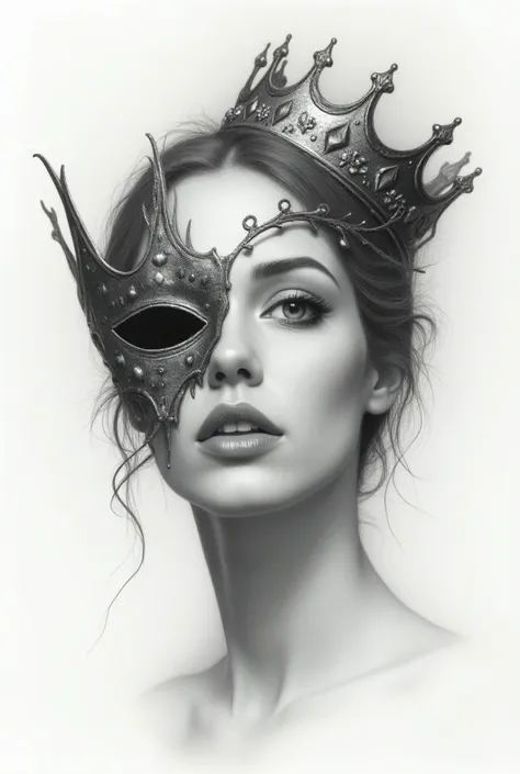 I wanna sketch like women wearing a crown and one side of her face turning crown in to a mask and wanna crown and mask blend together only one side of face wanna mask and other side wanna be normal and wanna drawing 
