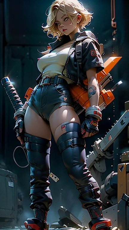 a woman, 25 age, blond, big breasts, wide hips, amber eyes, thick thighs, blue jacket, shirtless, holding a chainsaw, leather gl...