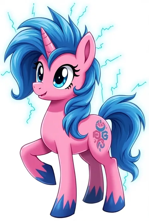  A pony inspired by the aesthetics of a Saiyan , designed in comic style .  The pony is pink with bright eyes of deep blue . Her blue hair is vibrant and bristling as if charged with energy..  The image is in high definition and with a transparent backgrou...