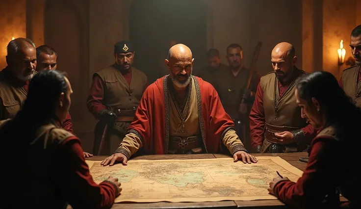 A war room, illuminated by dim light, where King Virendra and his generals are standing around a large table, studying maps. King Virendra’s face now has a battle-hardened look, a mix of wisdom and power. His expression is serious, and his eyes reflect the...