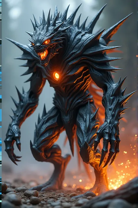 Imagine a sword monster—a creature made entirely from a twisted fusion of blade and beast. Its body is forged of dark, gleaming metal with edges sharp enough to slice through stone. The head is shaped like a sword hilt, with glowing, fiery eyes embedded wh...