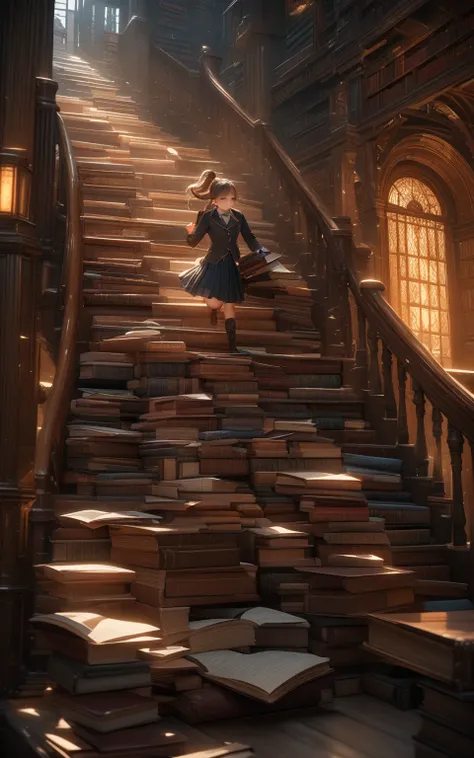 "Library stairs"
 prompt : "Hyper-detailed nano-textured library staircase in 8K resolution, showcasing intricate wood grain patterns and vibrant book spine colors. The scene features a student ascending the stairs, wearing a pleated skirt and argyle patte...