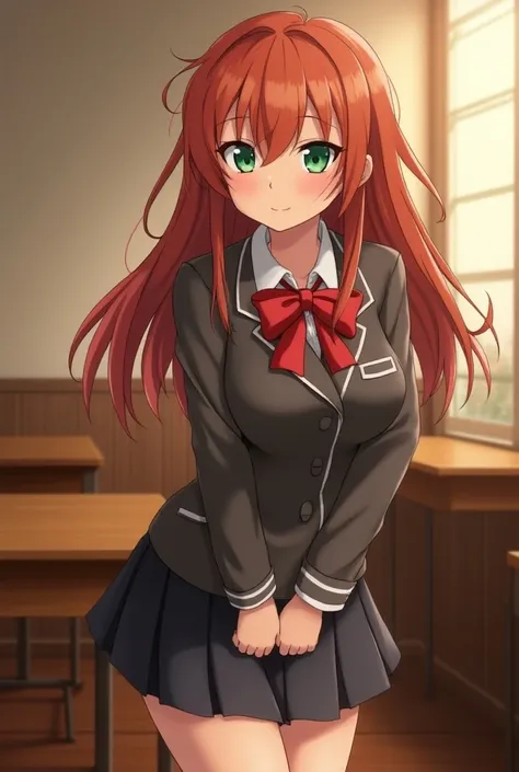 Perfect anime image, Monika from Doki Doki literature club, in the clubroom, hands in her crotch, needs to pee, school uniform, desperate to pee