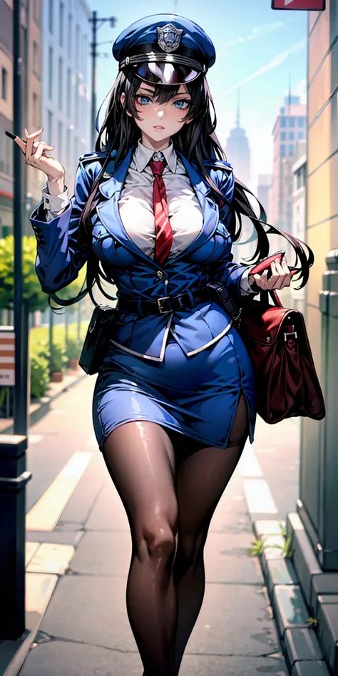 Ridiculous resolution, high resolution, (masterpiece:1.4), Extremely detailed, 1 Girl,blue eyes, Black long hair，Please wear police uniform and short skirt, White handbags、Pantyhose、City Streets,Sexy pose, The camera is close to your body