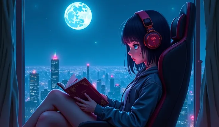  cyberpunk-style girl sitting in a gamer chair reading a book,  wearing cyberpunk style headphones ,blue eyes 4k ,beautiful face,  17-year-old girl with black hair cyberpunk style ,Digital Art, nightcore, Anime Art Wallpaper 4K ,  anime art wallpaper 4k , ...