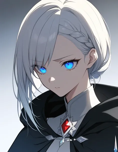 1 person, masterpiece, Best Quality, Beauty,  sad expression , I dont know the gender,  platinum blonde,  asymmetrical hairstyle , Vertical pupils, Light blue eyes, Jewel Eyes ,  Black hooded cloak , Gray background