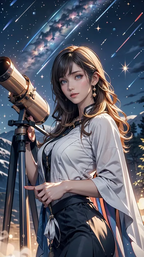 24 year old Caucasian female、Blonde、 long lashes、Eye Makeup、 lip gloss、 15th Century Western Astronomers、 Galileo Astronomical Telescope 、night空(A starry sky)、Meteor Shower、rainbow、Makoto Shinkai、 cowboy shot 、Stargazing(Use a telescope)、night、Deep in the ...