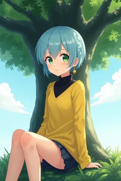 Make an anime girl with short hair in capable and light blue color, Yellow shirt, Black Neck Collar,  green eyes, golden earrings.
sitting under a tree.