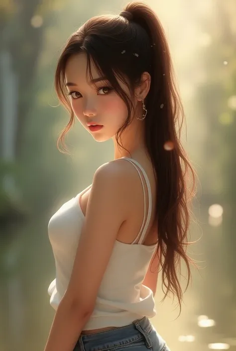  1 girl, Japanese、 cute、 tank top 、 Long Hair, solo,  high resolution on down,  anatomically correct, Rear view,  blurred background,  big chest, Brown Hair, とてもLong Hair,  ponytail,  lens flare , 