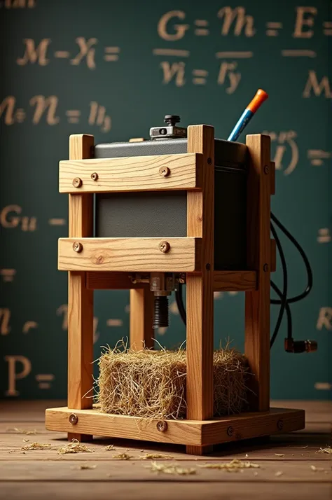  A wooden device for packing hay and at the same time a small electric motor that performs the mechanical work of the device. In the background come out the laws of Maxweel 