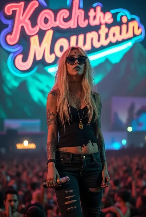  the blond North American singer with glitter mascara and pencils on her face wearing her stylish torn and shabby clothes singing in the city of Itaipava with the sign saying Itaipava behind using the visual identity of the Rock the Mountain festival, This...