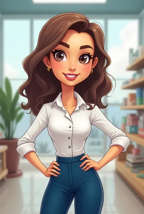  cartoon-style photo of a woman with wavy brown hair,  brown eyes, light skin, wearing white and blue secretary uniform with a cell phone in her hand , inside a store