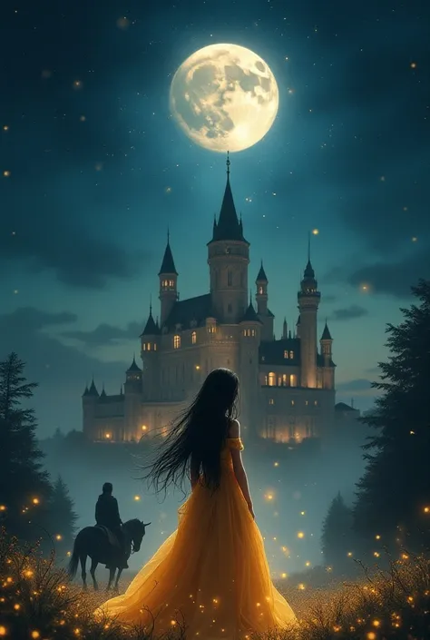 Imagine a girl watching in dark beautiful dark sky and stars palace in fronr of her her she is standing  wearing a beautiful golden gown her hairs are black and long she is fair  and there a glitter fly around her back ground is breath taking moon is full ...