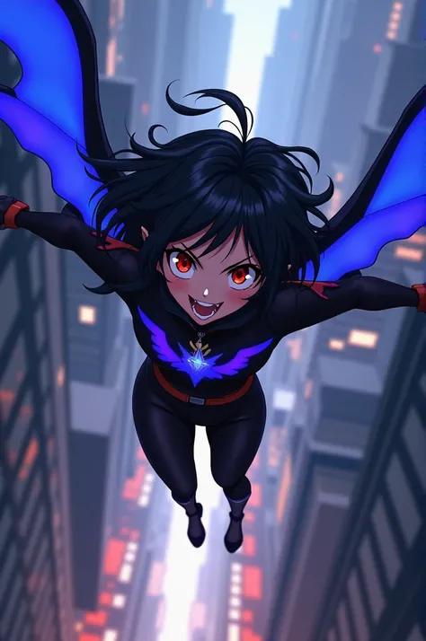 2d animation (anime)  a dark-haired girl , red eyes,  smile with fangs , with blue wings ,  a heroine from Boku no Hero Academia ,  in a black and purple heroine costume,  with her partner the hero Hawks together  