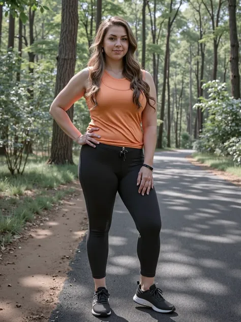 woman in a park after running, double chin, smiling, long brown haircut, ponytail, without makeup, extremely detailed face, photorealistic, 8k, hyperdetailed, highly detailed, snapchat, warm color tones, intricate details, natural, unprofessional photo, IM...