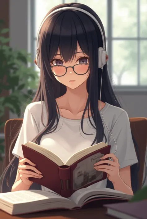 Anime college woman read book with listening soong more attractive with Loong hair 