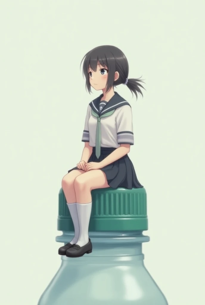 school girl sat on the cap of a plastic bottle