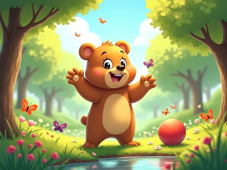 an animated bear in spring with a red ball