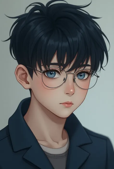 Picture a handsome boy with a dark navy blue short cut that looks like he is about , has white skin, blue eyes, and looks reticent wearing round glasses