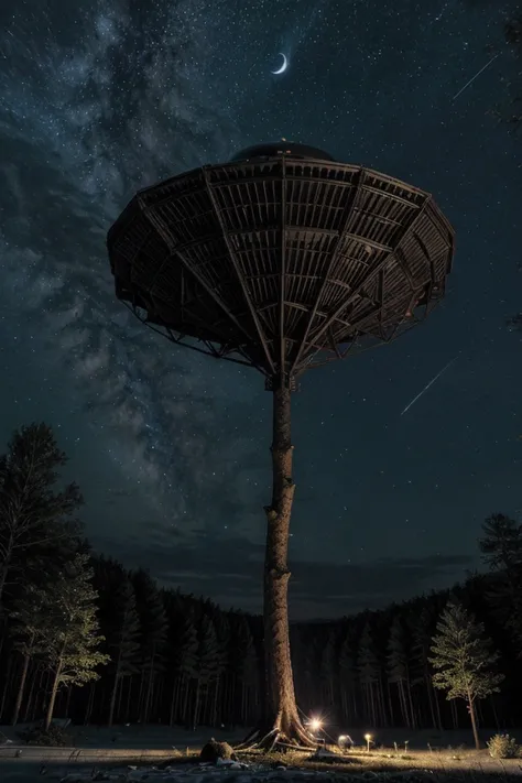 In the forest, looking at the stars in the moonlight in the distance, you can see a UFO.