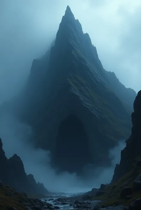 A dark, eerie mountain with a large cave entrance, symbolizing the giants lair. Mist and shadows give it a mysterious atmosphere.