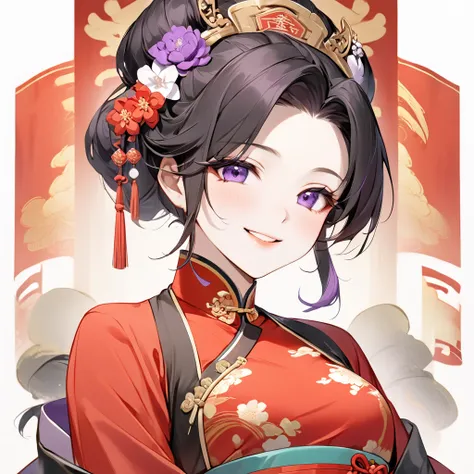 The woman who is a member of the Chinese Communist Party physically and mentally has beautiful black hair with purple gradation color Kocho Shinobu, wears a gorgeous, sensational, and attractive Chinese dress that is a member of the Chinese Communist Party...