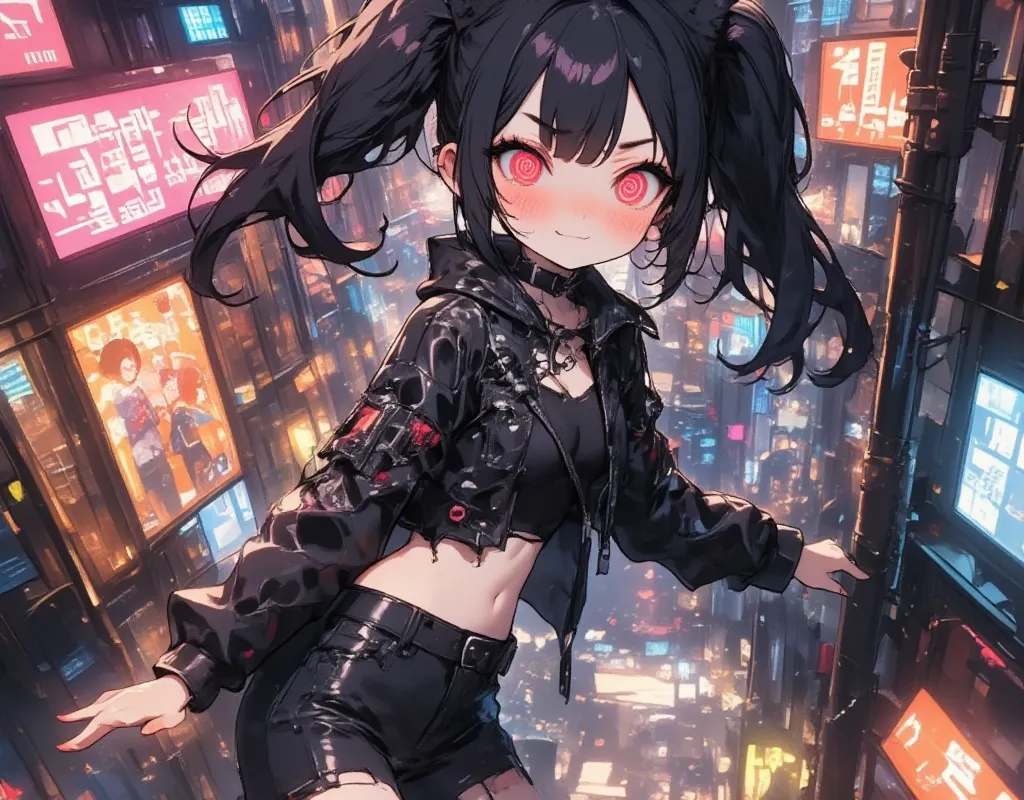  girl\(cute, Cute, Petite,  Evil Smiles , Black Hair, Long Hair,  twin tail hair , Pale skin, Skin color is blue, red eyes,  eyes are shining, Big Eyes, chest,  Punk Fashion, Torn clothes, Tight Tube Top ,  tight hot pants, The stomach is visible, ripped black short jacket, Fluffy black cat ears,  dynamic pose, Jump on top of a building, spiral eyes, bang\), background\(outside, Noisy city, Backstreet, Narrow Street,  Neon Light, At night\)