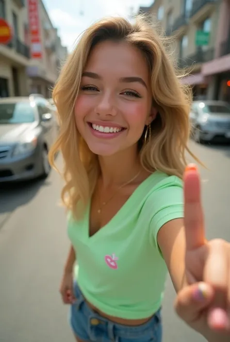 Solo, 1girl, selfie wink with her right eye, smile open mouth, white teeth, cheerful girl, showing her two fingers ✌️High Resolution, Award Winning, Best Quality, Super Detailed, Photorealistic, Portrait Photography, , A Gorgeous model for los Angeles ,20y...