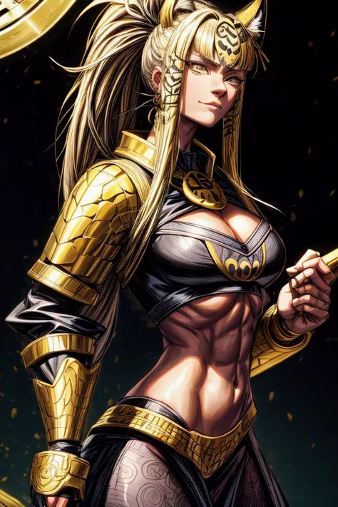  woman , jaguar man , head ягуара, yagkar face, head, jaguar-like face and neck ,  yellow hair in black circles, on the head of the abdominal hair,  in black armor, Sword in the sheath, maximum quality ,  native image