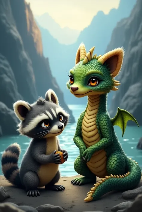 Create an image featuring a raccoon and a dragon side by side, highlighting their unique characteristics while emphasizing their shared properties.

On the left, depict a charming raccoon with its distinctive mask and bushy tail, its fur a mix of gray and ...