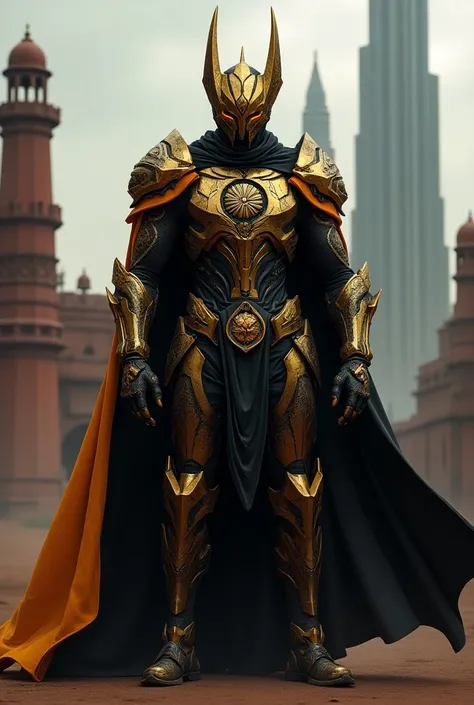 A warrior in a high-tech, bat-like armor adorned with intricate patterns inspired by Indian art, such as mandalas and henna designs. The suit has elements of gold and deep saffron, reflecting the national colors, and features a shield on the chest with an ...