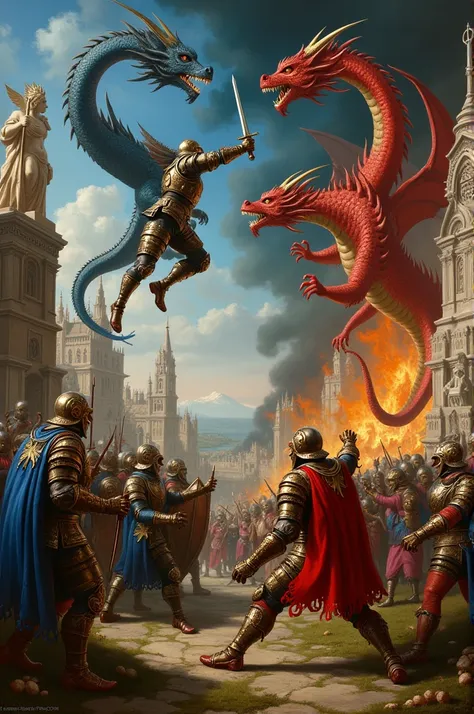 *cena:* Two kingdoms, blue and red,  are at war . IN THE SKY,  three gigantic dragons fly ,  its wings extended , creating a sense of chaos .

*COMPOSITION:*

- In the background,  a city on fire,  with mannerist buildings ,  inspired by Michelangelo and G...