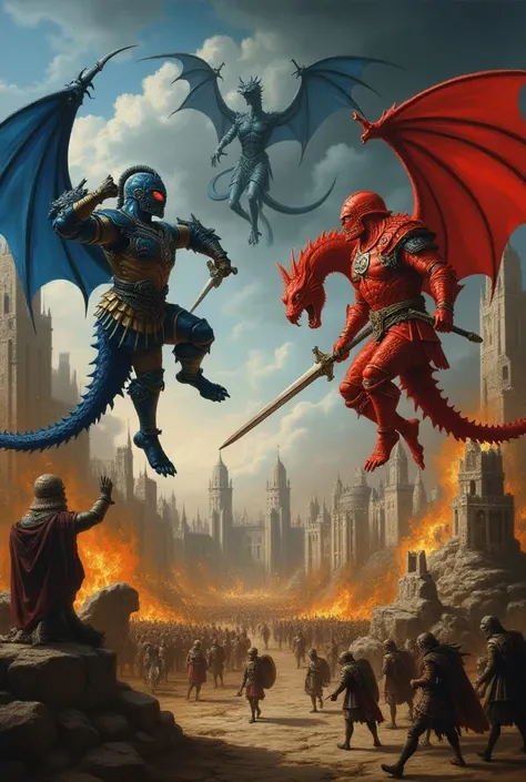 *cena:* Two kingdoms, blue and red,  are at war . IN THE SKY,  three gigantic dragons fly ,  its wings extended , creating a sense of chaos .

*COMPOSITION:*

- In the background,  a city on fire,  with mannerist buildings ,  inspired by Michelangelo and G...