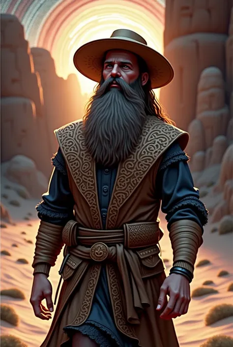 (masterpiece), Starry night, desert, bearded mountain man walker, hyperrealist artwork, 3D effect ultra-detailed intricate insanely Celtic knot patterns, cgsociety contest winner, artstation quality intense gaze, depth of field, Dutch angle, motion lines, ...