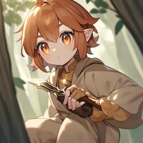 Halfling druid holdin a dagger, his hair is ginger, eyes are light hazelnut color