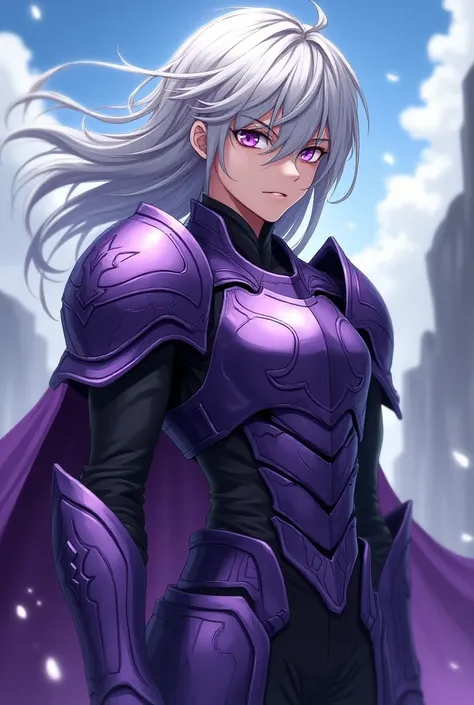  Play an anime boy with silver hair, purple eyes and purple armor .