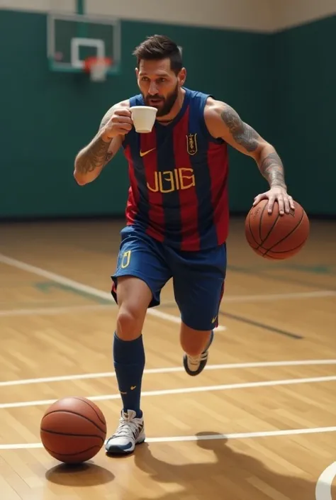 Messi playing basketball with a cup of coffee in his hand 