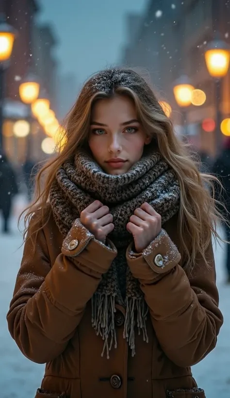 } Wrap an earthy scarf around your neck {x} Blond golden wavy hair,  bluish eyes ,  petite girls ,  Beautiful girl even without makeup ,  Pale red cheeks , Winter clothes with a stand-up collar ,  Winter clothes with a stand-up collar ,  He exhales cold , ...