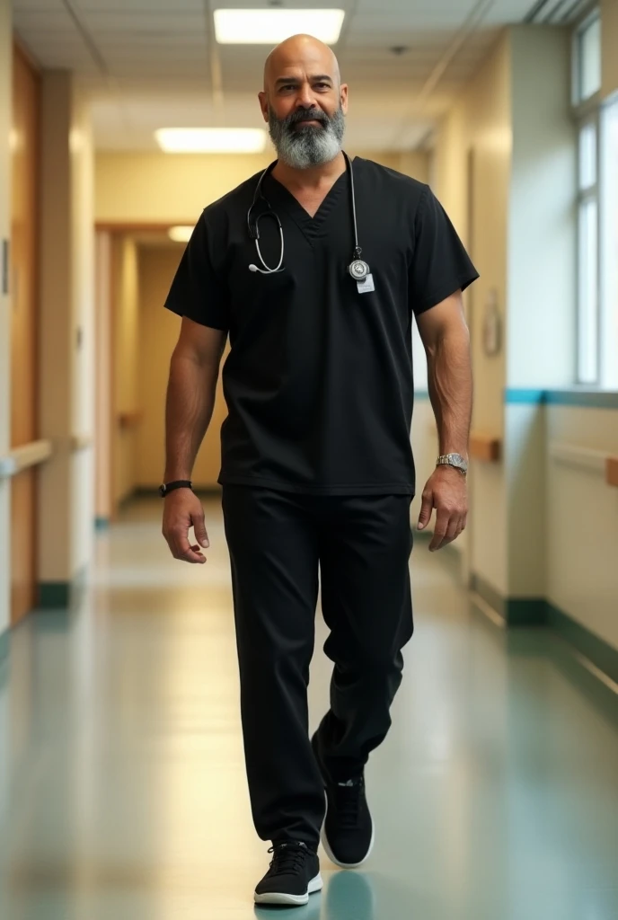 (photorealism:1.2), male middle age, young looking doctor, latino ethnicity, bold head, black and gray faded beard, athletic fit body, frontal full view, standing up position, wearing a black medical scrub, adjusted black pants, black sneakers, indoors, ho...