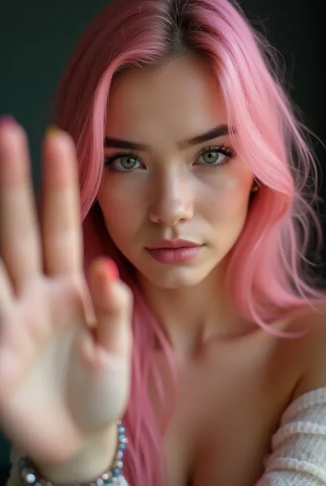 photo of a young woman 20 years old, with long pink hair, photo taken from the front in a selfie, left hand raised to the left with palm facing the camera and fingers spread