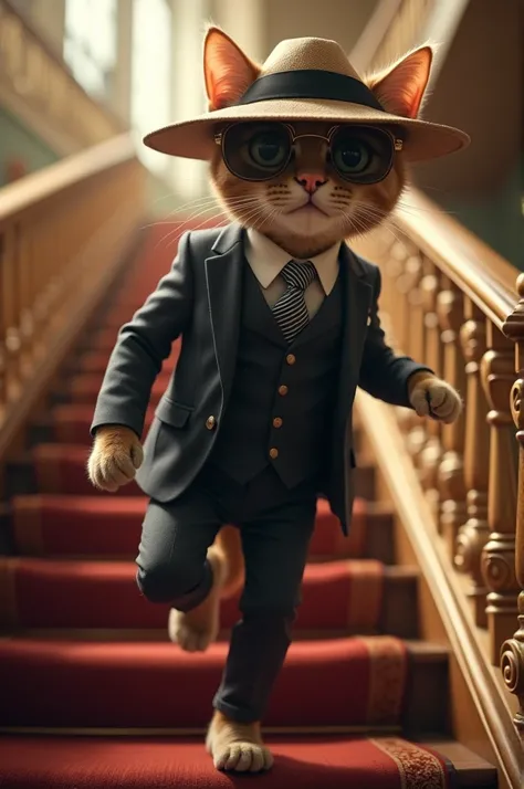 A cat wears a suit and rides on the stairs and wears a sunshade